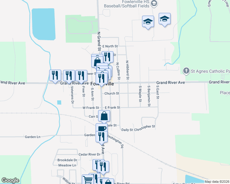 map of restaurants, bars, coffee shops, grocery stores, and more near 119 South Collins Street in Fowlerville