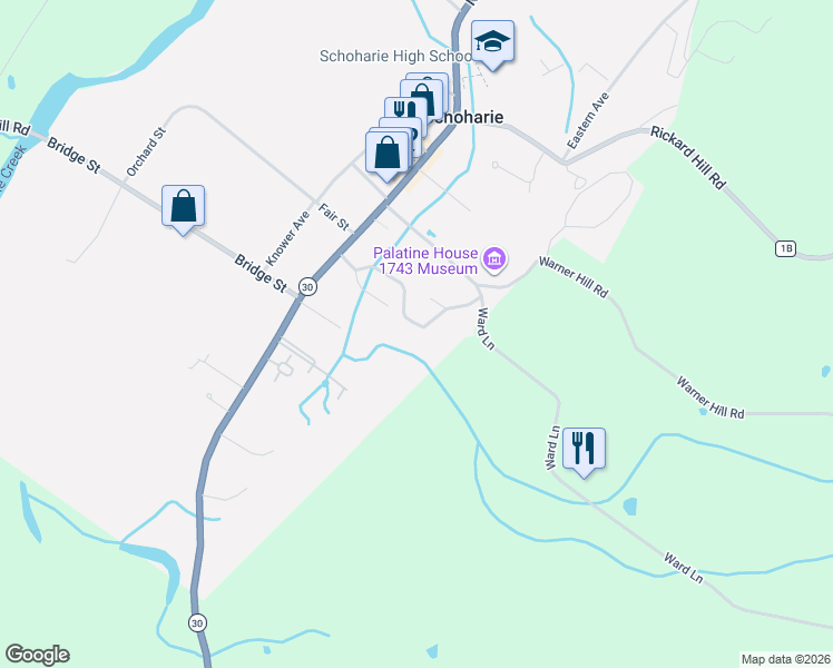 map of restaurants, bars, coffee shops, grocery stores, and more near 148 Hilgert Parkway in Schoharie