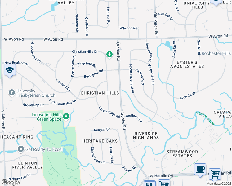 map of restaurants, bars, coffee shops, grocery stores, and more near 1701 Christian Hills Drive in Rochester Hills