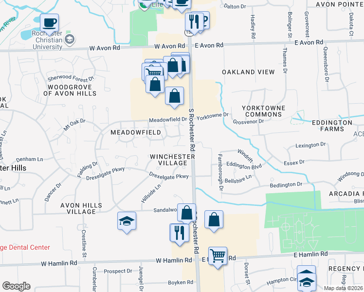 map of restaurants, bars, coffee shops, grocery stores, and more near 78 Meadow Wood Drive in Rochester Hills