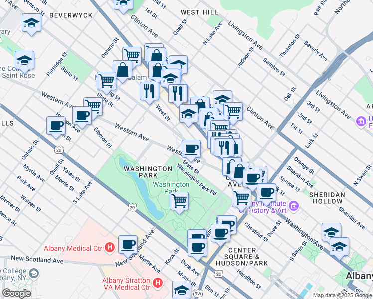 map of restaurants, bars, coffee shops, grocery stores, and more near 25 Western Avenue in Albany