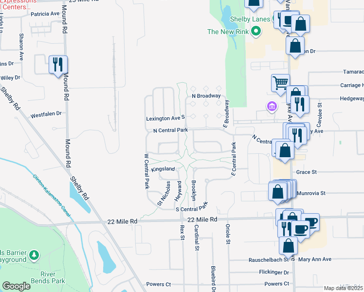 map of restaurants, bars, coffee shops, grocery stores, and more near 49678 Whitehall in Macomb County