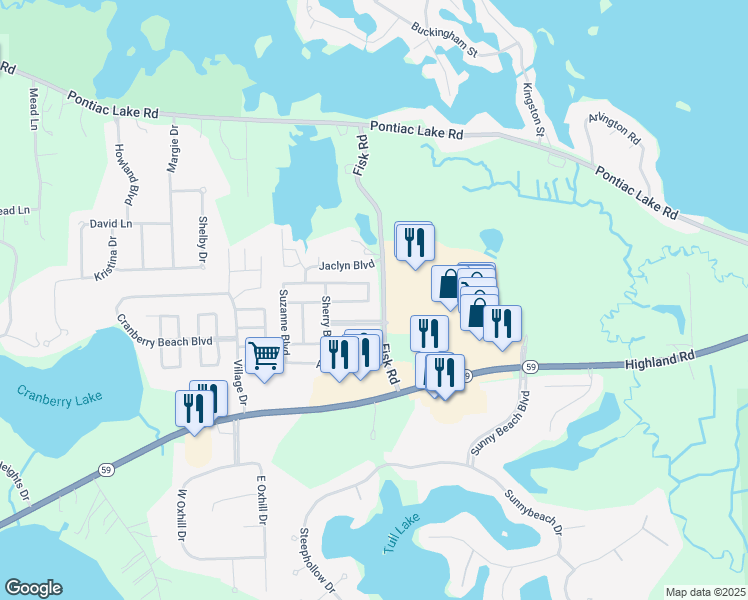 map of restaurants, bars, coffee shops, grocery stores, and more near 143 Marlene Court in White Lake charter Township