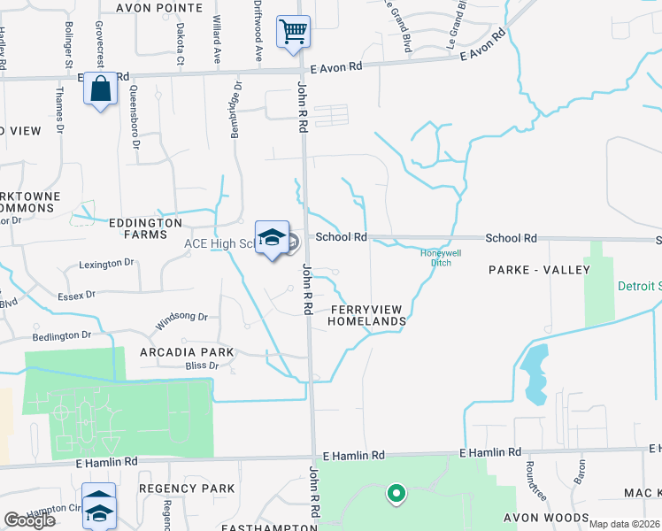 map of restaurants, bars, coffee shops, grocery stores, and more near 1459 John R Road in Rochester Hills
