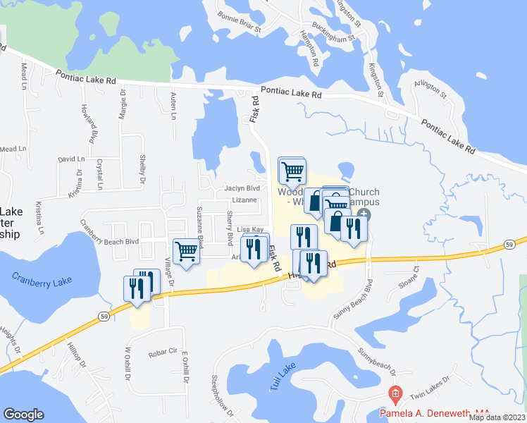 map of restaurants, bars, coffee shops, grocery stores, and more near 29 Marlene Court in White Lake charter Township