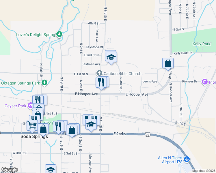 map of restaurants, bars, coffee shops, grocery stores, and more near 340 Ashland Drive in Soda Springs