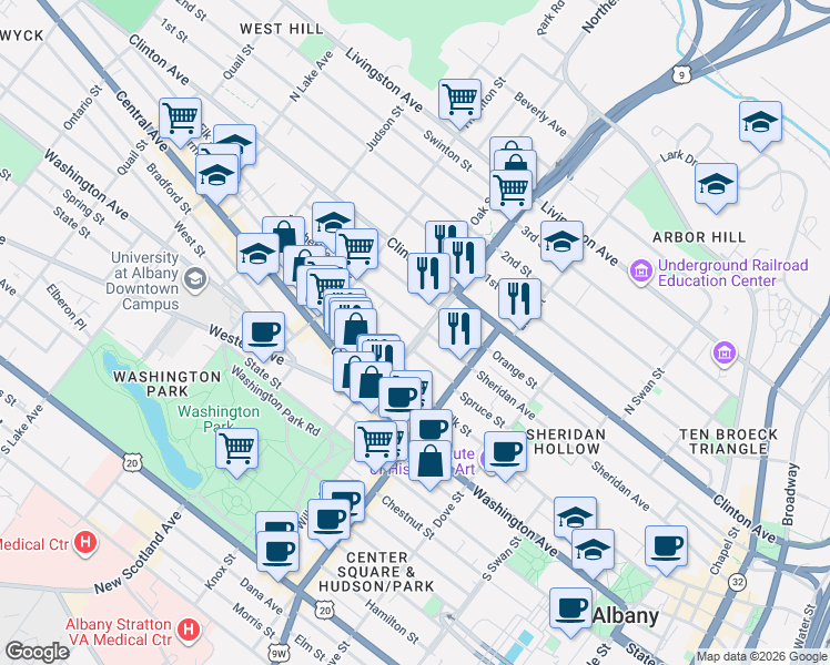 map of restaurants, bars, coffee shops, grocery stores, and more near 283 Sheridan Avenue in Albany