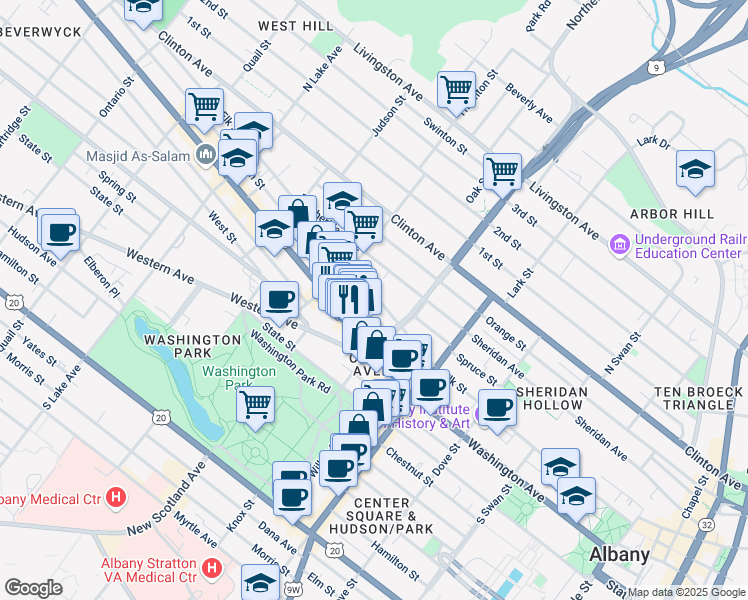 map of restaurants, bars, coffee shops, grocery stores, and more near 87 Sherman Street in Albany