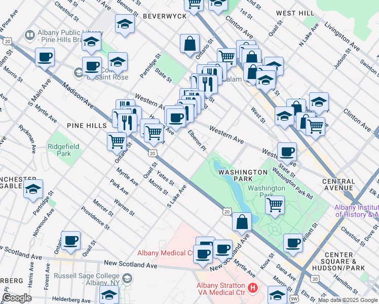 map of restaurants, bars, coffee shops, grocery stores, and more near 420 Hudson Avenue in Albany