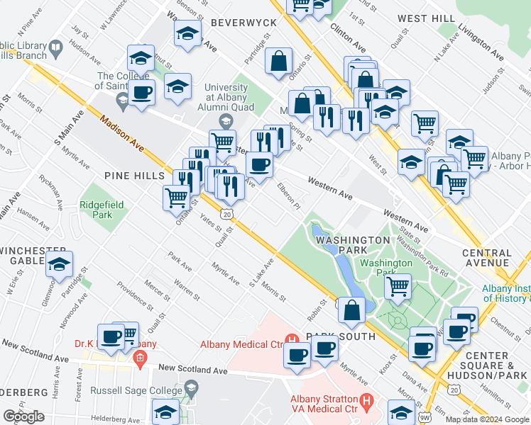 map of restaurants, bars, coffee shops, grocery stores, and more near 420 Hudson Avenue in Albany