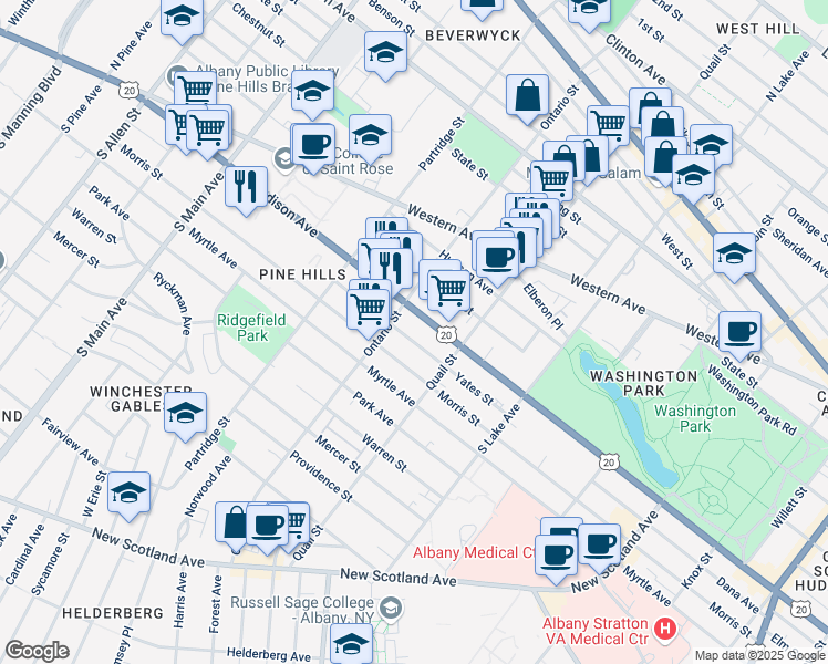 map of restaurants, bars, coffee shops, grocery stores, and more near 844 Madison Avenue in Albany