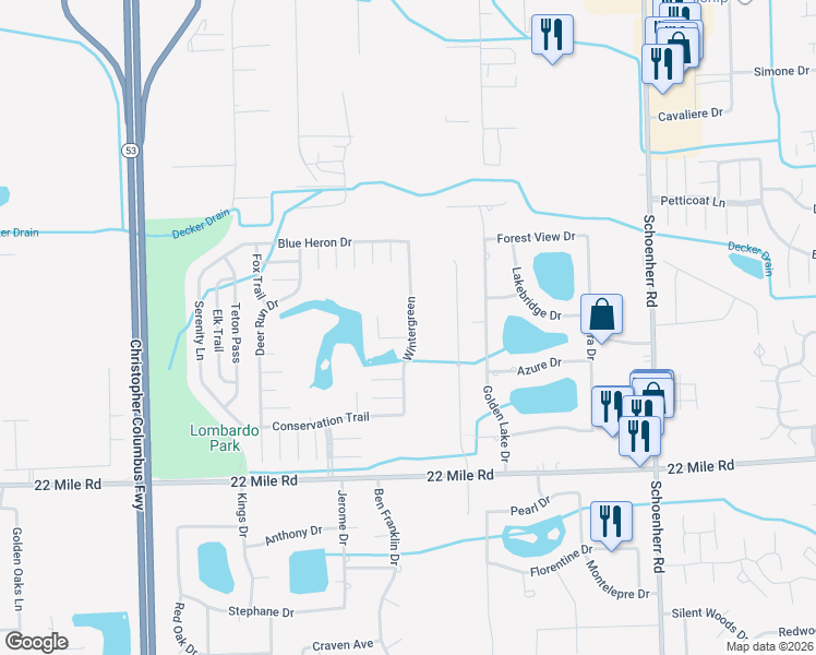 map of restaurants, bars, coffee shops, grocery stores, and more near 49599 Wintergreen in Macomb County