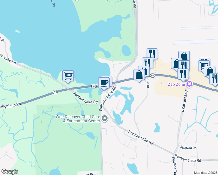 map of restaurants, bars, coffee shops, grocery stores, and more near 7801 Highland Road in Waterford Township