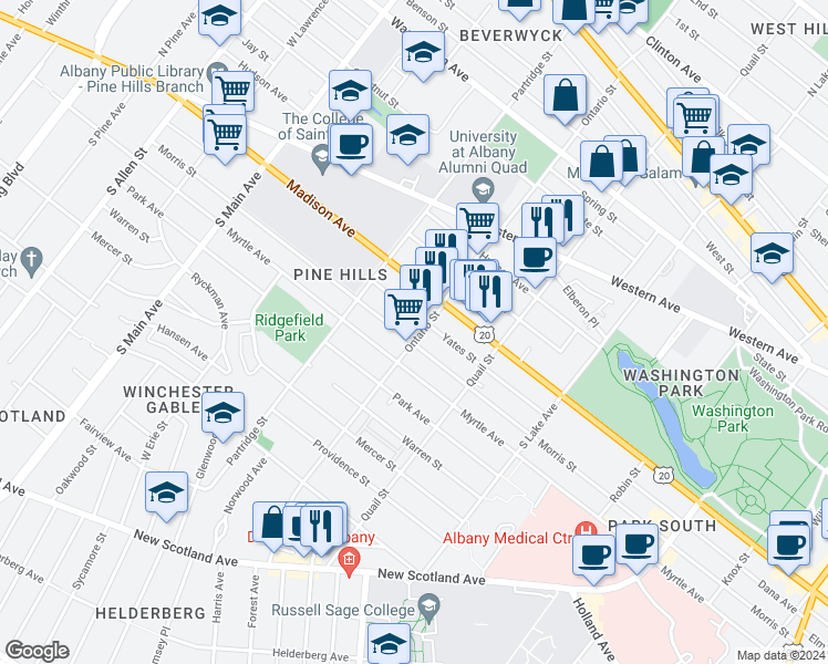 map of restaurants, bars, coffee shops, grocery stores, and more near 313 Ontario Street in Albany