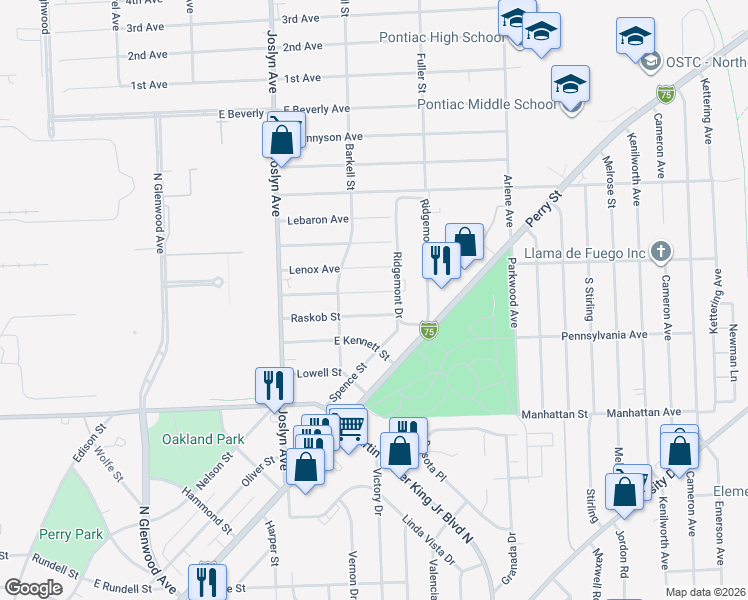 map of restaurants, bars, coffee shops, grocery stores, and more near 654 Markle Avenue in Pontiac