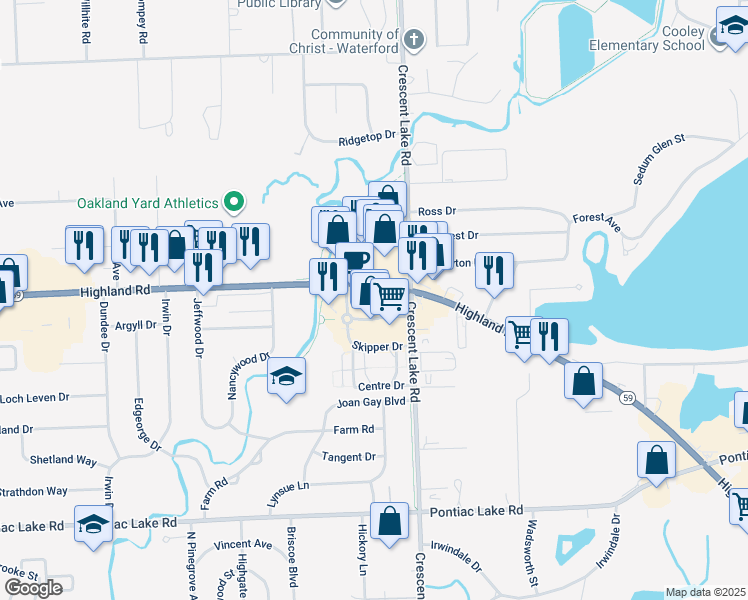 map of restaurants, bars, coffee shops, grocery stores, and more near 5105 Highland Road in Waterford Township