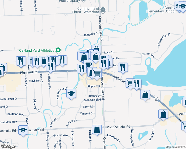 map of restaurants, bars, coffee shops, grocery stores, and more near 5105 Highland Road in Waterford Township