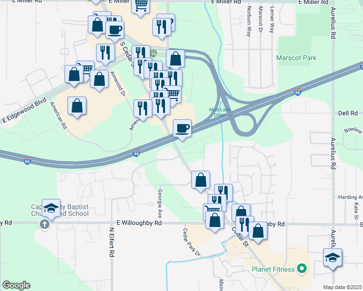 map of restaurants, bars, coffee shops, grocery stores, and more near 6727 South Cedar Street in Lansing
