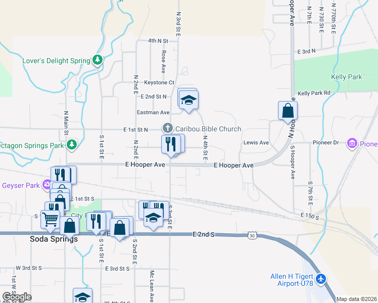 map of restaurants, bars, coffee shops, grocery stores, and more near 340 Ashland Drive in Soda Springs