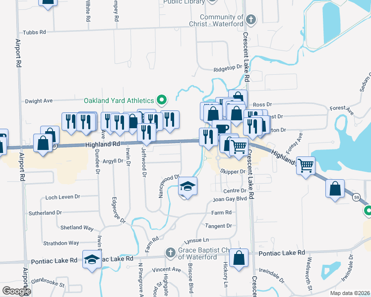 map of restaurants, bars, coffee shops, grocery stores, and more near 5333 Highland Road in Waterford Township