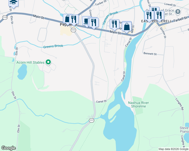 map of restaurants, bars, coffee shops, grocery stores, and more near 38 Massachusetts 111 in Pepperell