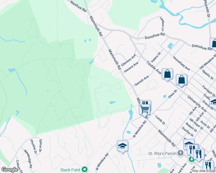 map of restaurants, bars, coffee shops, grocery stores, and more near 250 Skyline Drive in Dracut