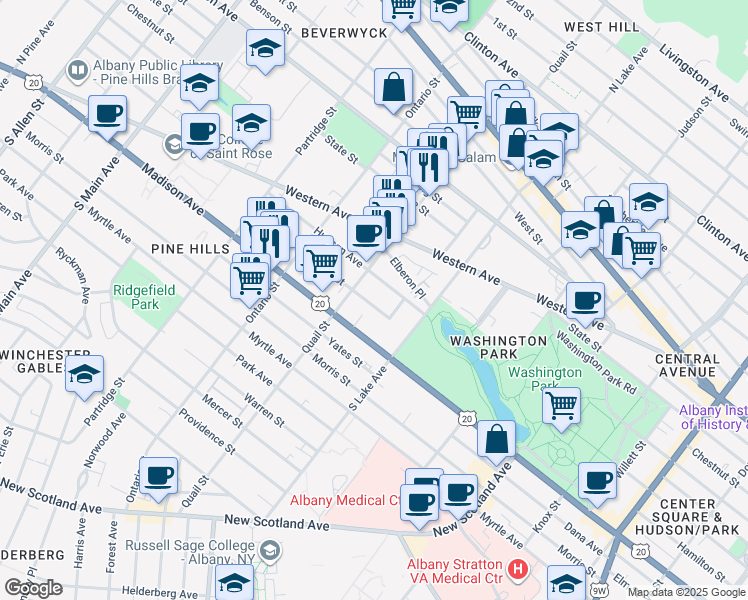 map of restaurants, bars, coffee shops, grocery stores, and more near 420 Hudson Avenue in Albany