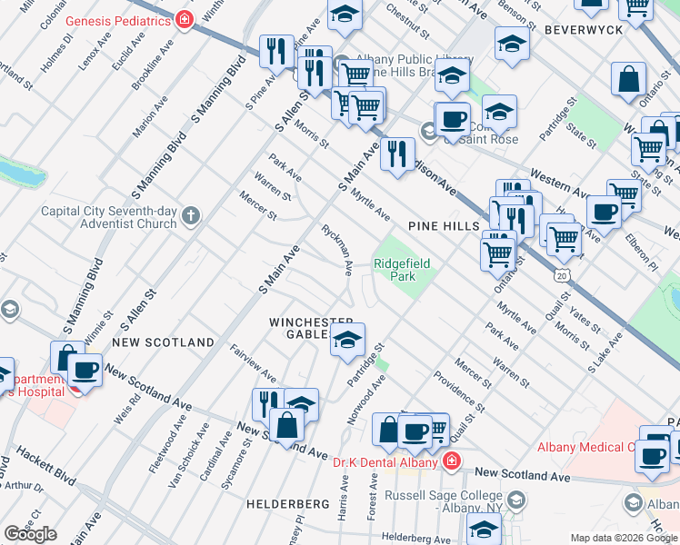 map of restaurants, bars, coffee shops, grocery stores, and more near 24 Peyster Street in Albany
