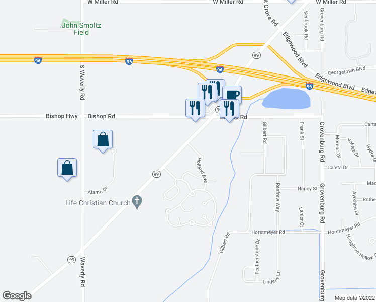map of restaurants, bars, coffee shops, grocery stores, and more near 2690 Eaton Rapids Road in Lansing