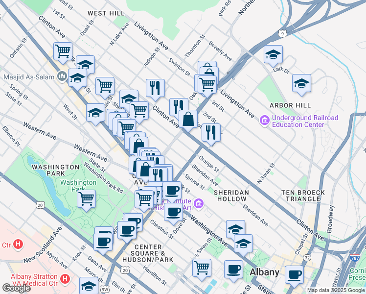 map of restaurants, bars, coffee shops, grocery stores, and more near 322 Orange Street in Albany