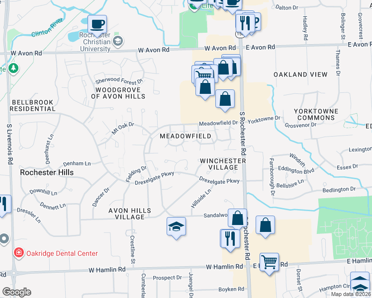 map of restaurants, bars, coffee shops, grocery stores, and more near 220 Hillside Court in Rochester Hills