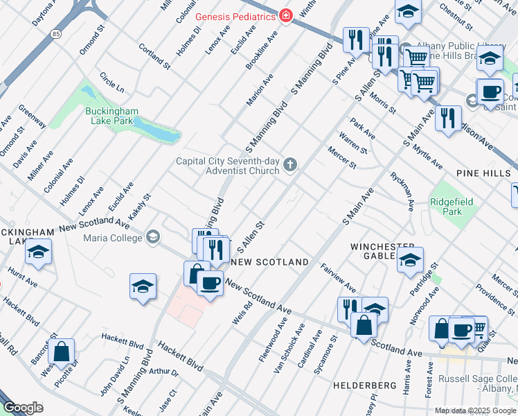 map of restaurants, bars, coffee shops, grocery stores, and more near 45 Winnie Street in Albany