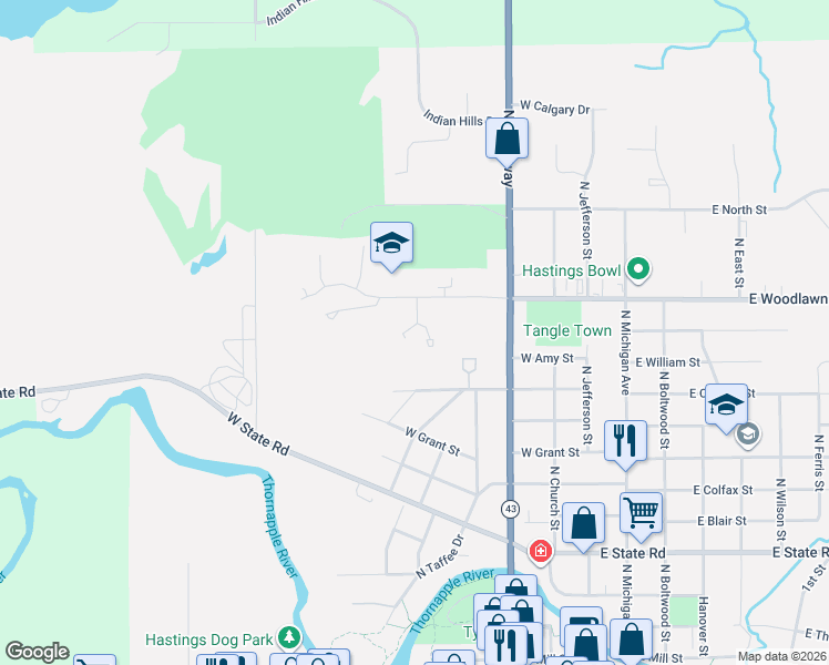 map of restaurants, bars, coffee shops, grocery stores, and more near 520 West Woodlawn Avenue in Hastings