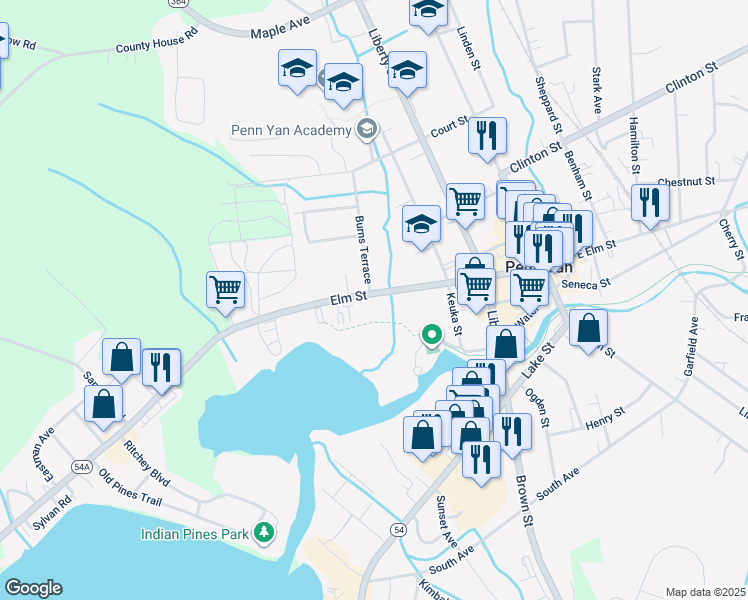 map of restaurants, bars, coffee shops, grocery stores, and more near 340 Elm Street in Penn Yan