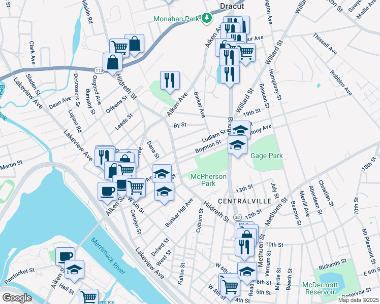 map of restaurants, bars, coffee shops, grocery stores, and more near 93 Boynton Street in Lowell