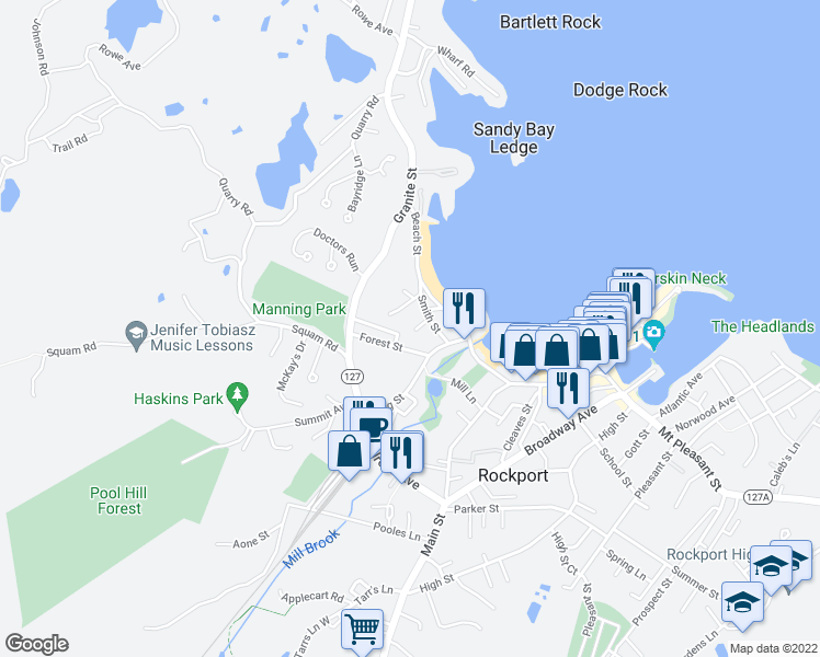 map of restaurants, bars, coffee shops, grocery stores, and more near 9 Smith Street Court in Rockport