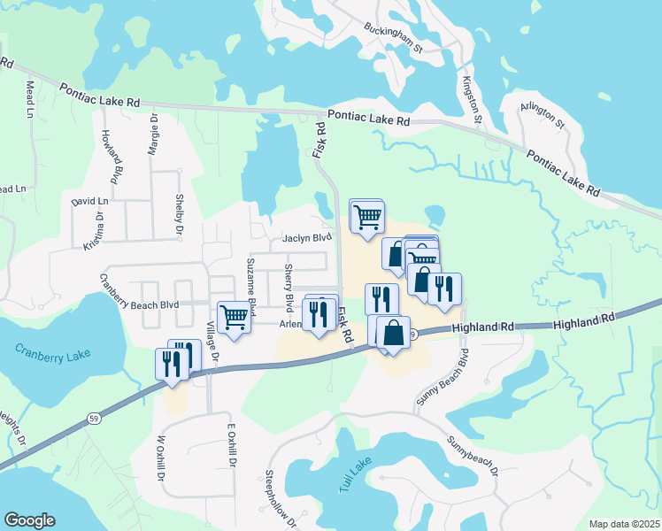 map of restaurants, bars, coffee shops, grocery stores, and more near 31 Marlene Court in White Lake charter Township