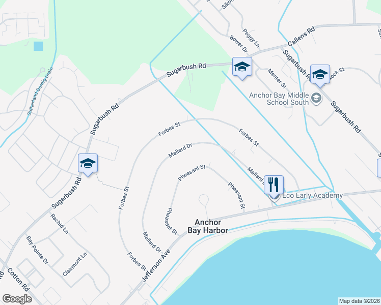 map of restaurants, bars, coffee shops, grocery stores, and more near 48136 Mallard Drive in New Baltimore