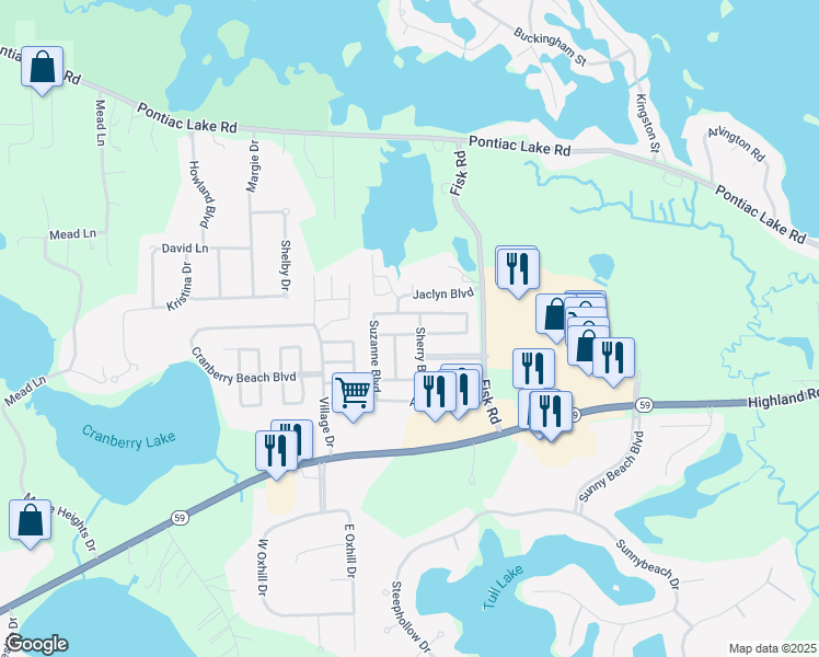 map of restaurants, bars, coffee shops, grocery stores, and more near 184 Erick Boulevard in White Lake charter Township