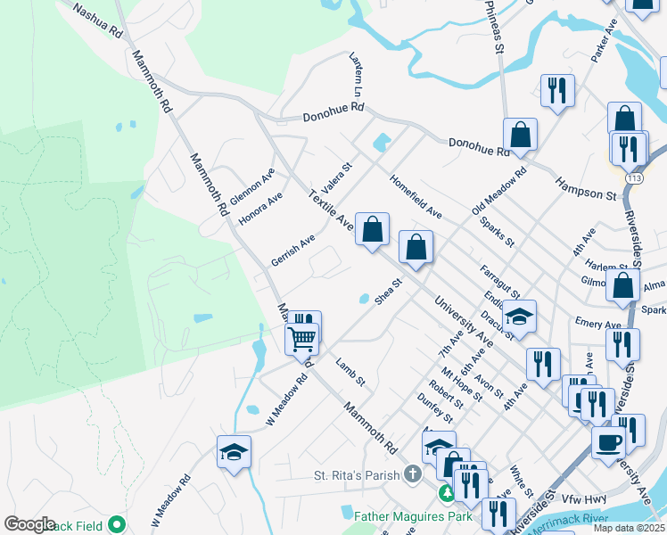 map of restaurants, bars, coffee shops, grocery stores, and more near 439 Mammoth Road in Dracut