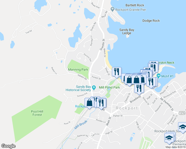 map of restaurants, bars, coffee shops, grocery stores, and more near 2 Norwood Court in Rockport