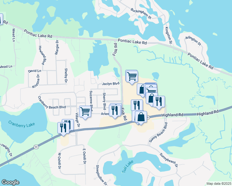 map of restaurants, bars, coffee shops, grocery stores, and more near 144 Marlene Court in White Lake charter Township