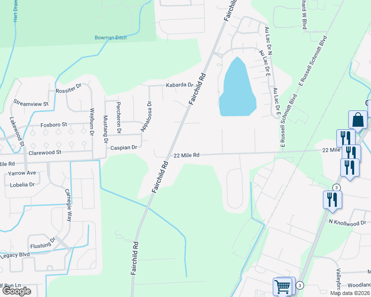 map of restaurants, bars, coffee shops, grocery stores, and more near 24731 22 Mile Road in Macomb