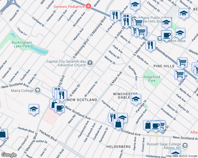 map of restaurants, bars, coffee shops, grocery stores, and more near 430 West Lawrence Street in Albany