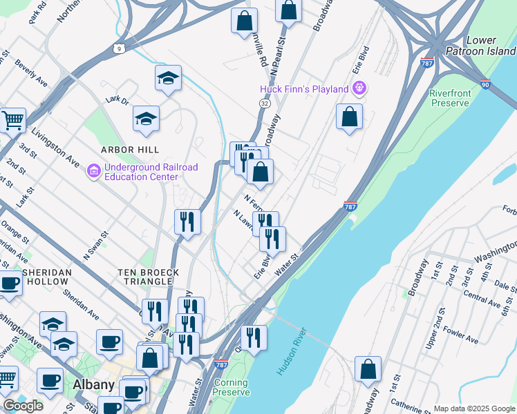 map of restaurants, bars, coffee shops, grocery stores, and more near 58 North Ferry Street in Albany