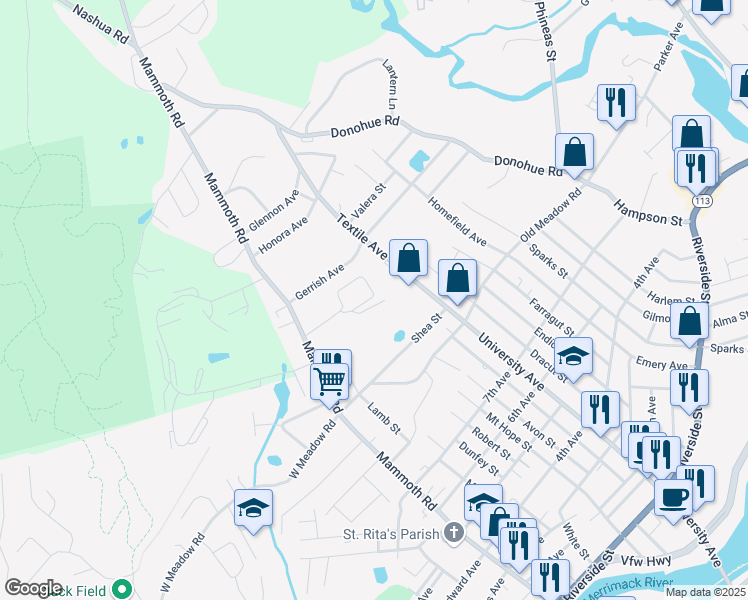 map of restaurants, bars, coffee shops, grocery stores, and more near 439 Mammoth Road in Dracut