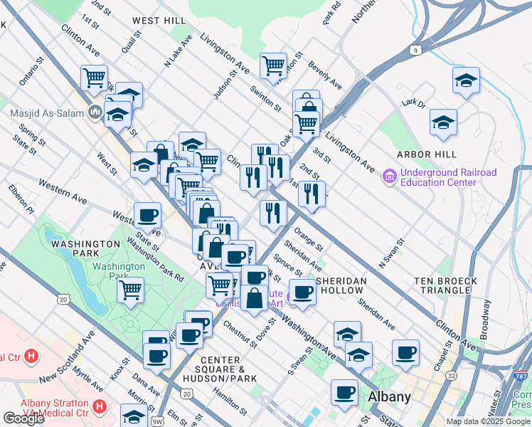 map of restaurants, bars, coffee shops, grocery stores, and more near 283 Sheridan Avenue in Albany