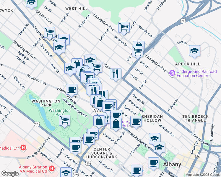 map of restaurants, bars, coffee shops, grocery stores, and more near 316 Sheridan Avenue in Albany