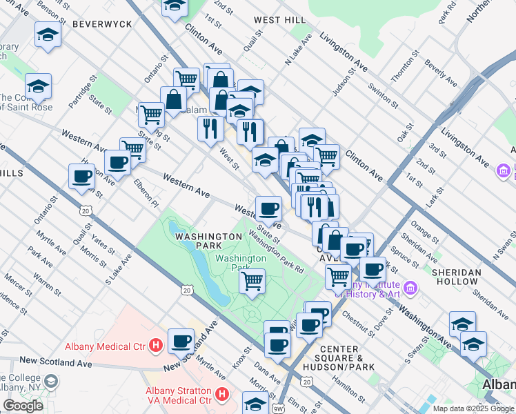 map of restaurants, bars, coffee shops, grocery stores, and more near 930a Robin Street in Albany