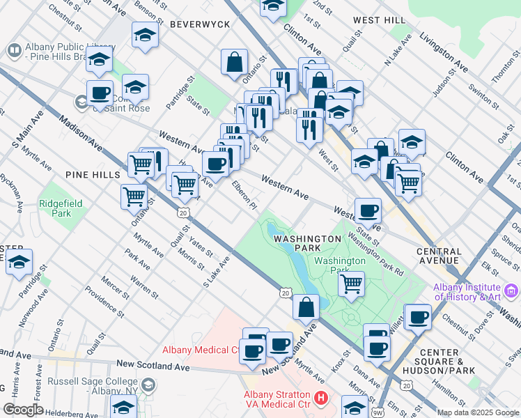 map of restaurants, bars, coffee shops, grocery stores, and more near 3 Elberon Place in Albany